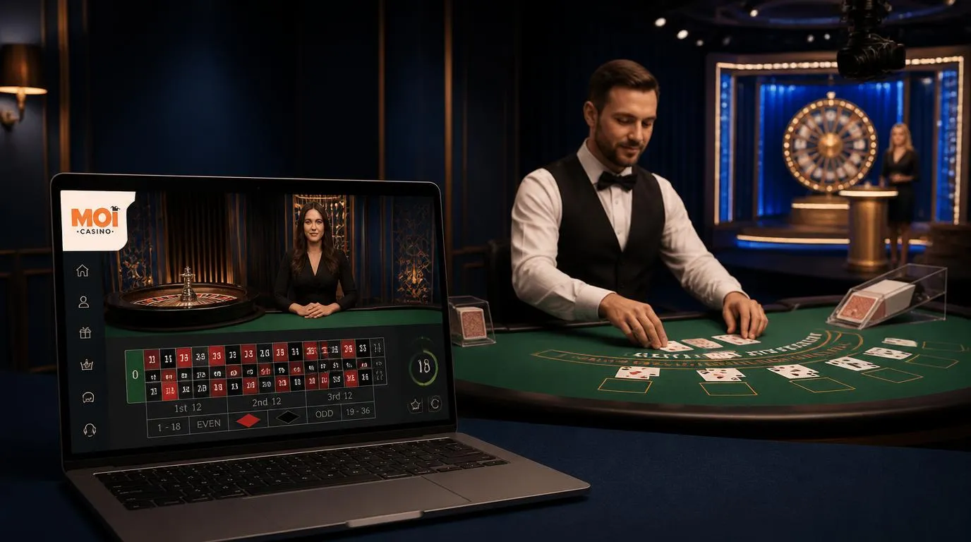 Krupier przy stole blackjacka w studiu live oraz ekran z transmisją ruletki i panelem zakładów