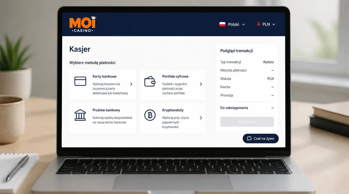 Panel kasy w języku polskim z walutą PLN, metodami płatności i przyciskiem czatu