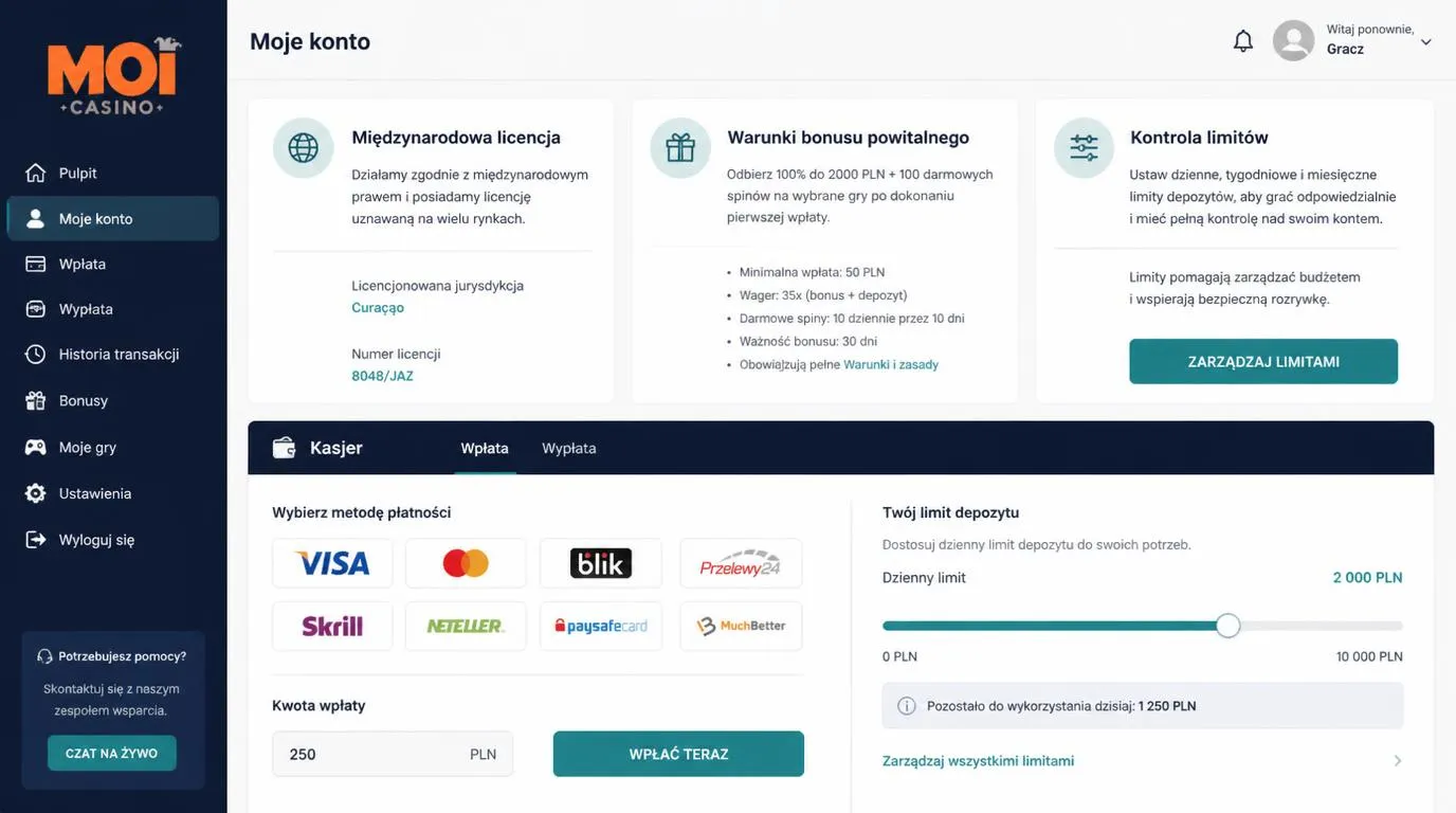 Panel kasyna z informacją o licencji międzynarodowej, warunkami bonusu i ustawieniem limitu wpłat